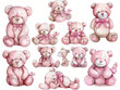 Set of adorable watercolor teddy bears in various poses ideal for children's decor