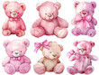 Set of adorable watercolor teddy bears in various poses ideal for children's decor