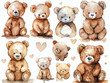 Adorable watercolor teddy bear collection for nursery decor and children's playful artistic gift. 