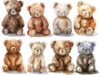 Adorable watercolor teddy bear collection for nursery decor and children's playful artistic gift. 