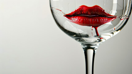 Wine glass with red lipstick mark, elegant close-up, isolated on white 