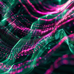 Wall Mural - Streams of digital data visualized as plexus lines in shades of fuchsia and forest green, in a dynamic abstract design.