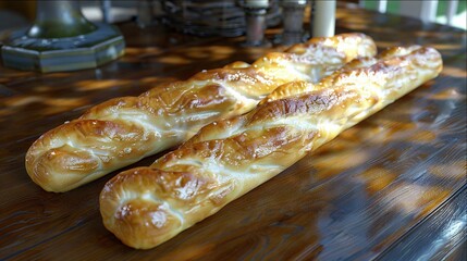 Poster -   A loaf of bread rests atop a wooden table alongside another loaf of bread on the same table