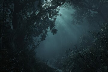 Poster - A dark forest with numerous trees shrouded in dense fog, A dense fog blanketing a mysterious and ancient forest