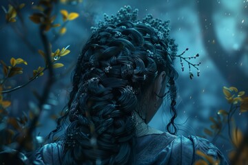 Wall Mural - A woman with intricate braids standing among trees in a forest, A depiction of intricate braids cascading down a character's back