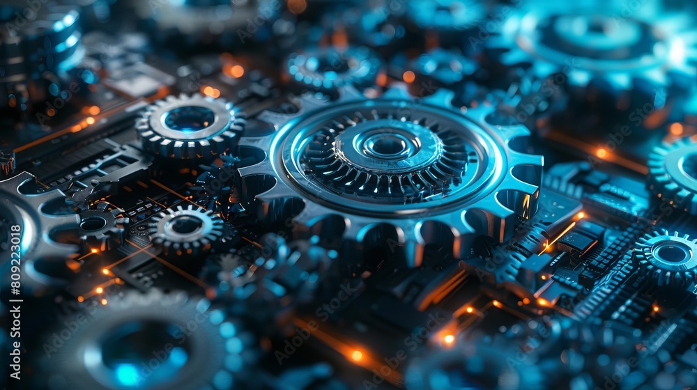 Cogs and gear wheel mechanisms symbolize hi-tech digital technology and ...