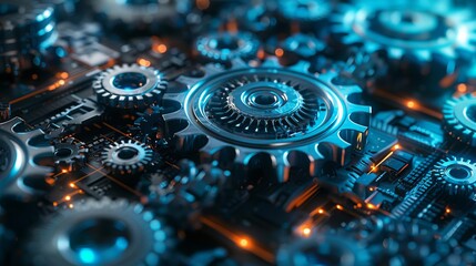 Cogs and gear wheel mechanisms symbolize hi-tech digital technology and engineering, presenting an abstract technical background.