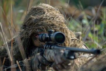 Ghillie Suit Sniper. Military Sharpshooter in Ghillie Suit Concealed in Forest for Combat Operations