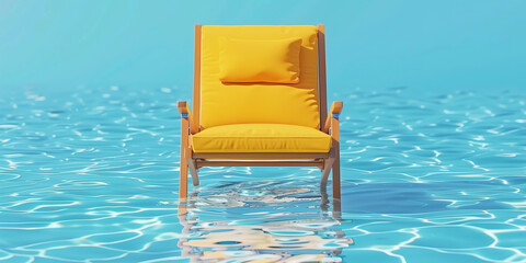 A vibrant yellow chair sits placidly in the middle of a clear turquoise pool on a sunny summer day