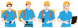 Set of couriers and call center operators, men and women, wearing blue shirts and orange caps, holding tablet in their hands or a backpack on their back. Flat design illustration.