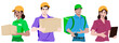 Set of couriers and call center operators, men and women, wearing colored shirts and caps, with tablet and cardboard boxes in their hands or a backpack on their back. Flat design illustration.