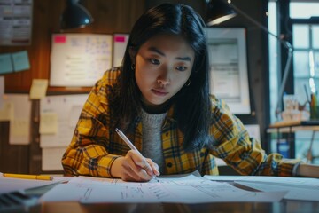 Poster - A focused Asian woman sitting at a desk, writing on a piece of paper, A determined Asian woman developer sketching out wireframes for a new website