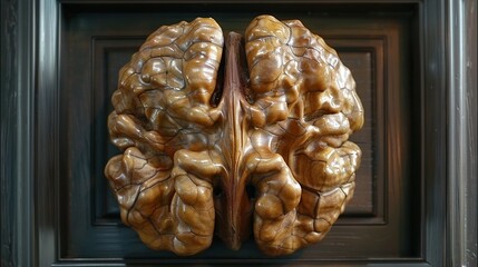 Sticker -   A close-up of a human brain on a black frame with a wooden door in the background