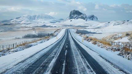 Sticker -   A snowy field stretches ahead with a long road winding between towering trees and a majestic mountain in the distance A sturdy fence lines the edge of the image, fr