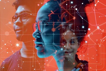 Poster - A man and a woman stand facing each other in a digital collage, A digital collage showing different family members connecting through technology