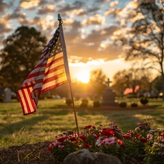 American military cemetery with flag