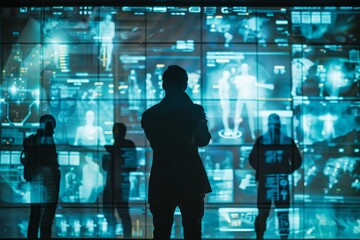 Sticker - Silhouette of a woman standing in front of a wall displaying various images, A digital display of intercepted communications being analyzed by intelligence agents