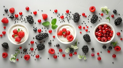 Wall Mural -  raspberries, blackberries in small bowls Mint leaves garnish on a white surface Whipped cream accompanies ..