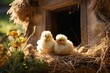 Small chickens against the background of spring nature on Easter, in a bright sunny day at a ranch in a village.