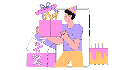 Character receive online reward, bonus or discount in mobile application on birthday. Man standing near smartphone with gift box and collect bonuses coupon for loyalty program on b-day in app.