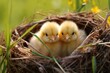 Portrait of small baby chickens in a nest, on a bright sunny day, on a ranch in the village, rural surroundings on the background of spring nature