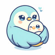© FHL - Adorable Bird Hug Illustration: Cute Mother and Baby Blue Birds Embracing with Hearts, Perfect for Nursery Decor and Children's Books