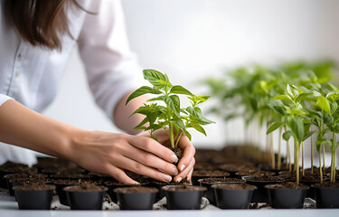 woman's hands taking care of plants on white greenhouse blurred