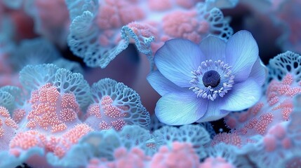 Sticker -    a blue flower atop a sea anemone with vibrant pink and white corals in the backdrop