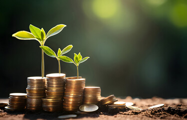 Coins stack with step growing plant and sunshine blurred nature