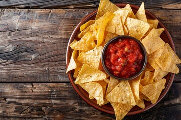 Poster - A plate of tortilla chips with a bowl of salsa on top