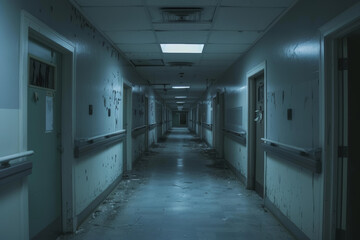 Wall Mural - Haunted Hospital Corridor with Flickering Lights and Creaking Doors