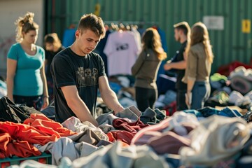 A man is sorting through a pile of clothes, while a group of people look on