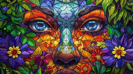 Wall Mural - A woman's face is made of colorful flowers and leaves