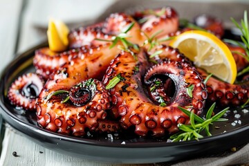 Wall Mural - Grilled octopus leg in plate on wooden table