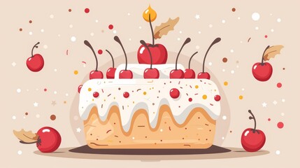 Wall Mural -   A cake topped with white frosting, cherries, and a lit candle
