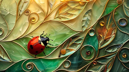 Wall Mural - A ladybug is walking on a leaf