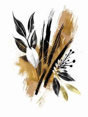 Wall Mural - A golden and black painting of intricate leaves and flowers against a clean white background