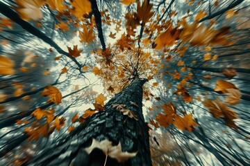 Wall Mural - A perspective looking up at a tree with vibrant green leaves fluttering in the wind, A dynamic composition of leaves fluttering and cascading down from a tall tree, captured in motion