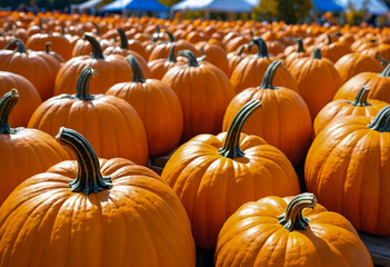 Wall Mural - Pumpkins at fall festival. Orange pumpkin background