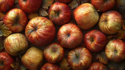 Poster -   Red and yellow apples stacked on top of green and yellow apples with leaves