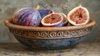   A wooden table holds a bowl brimming with luscious figs, while a nearby stone wall shows signs of peeling paint