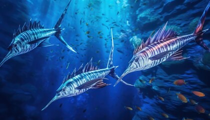 Wall Mural - Ikan marlin besar di lautan biru, pemandangan hewan lautan yang memukau