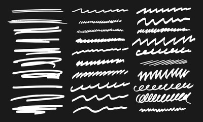 Wall Mural - Thirty handwritten doodles. Collection of randomly drawn white squiggles on a black background