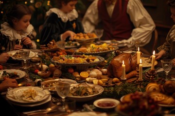 Wall Mural - A group of people gathered around a table filled with assorted food items, A family gathering around a table filled with delicious food