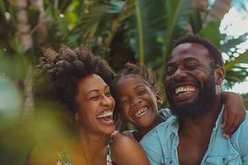 Wall Mural - A couple of people joyfully smile for the camera, expressing happiness and togetherness, A family laughing together on a vacation