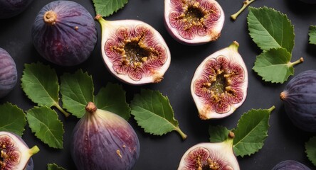 Poster - Fresh raw figs with green leaves on dark background. Top view, flat lay. Generative AI