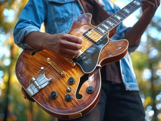 Wall Mural - A person is playing a guitar in a forest. The guitar is brown and has a gold strap