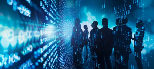 A group of business people stand in front, with digital data and code lines in the background create an atmosphere full of technology and modernity Generative AI