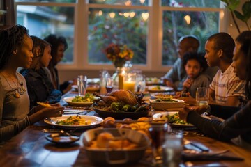 Canvas Print - A group of people, likely a family, sitting around a dinner table engaged in conversation and enjoying a meal together, A family sharing a meal and storytelling around the dinner table