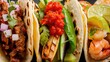 Close-up taco with chicken beef fastfood mexican food pepper
